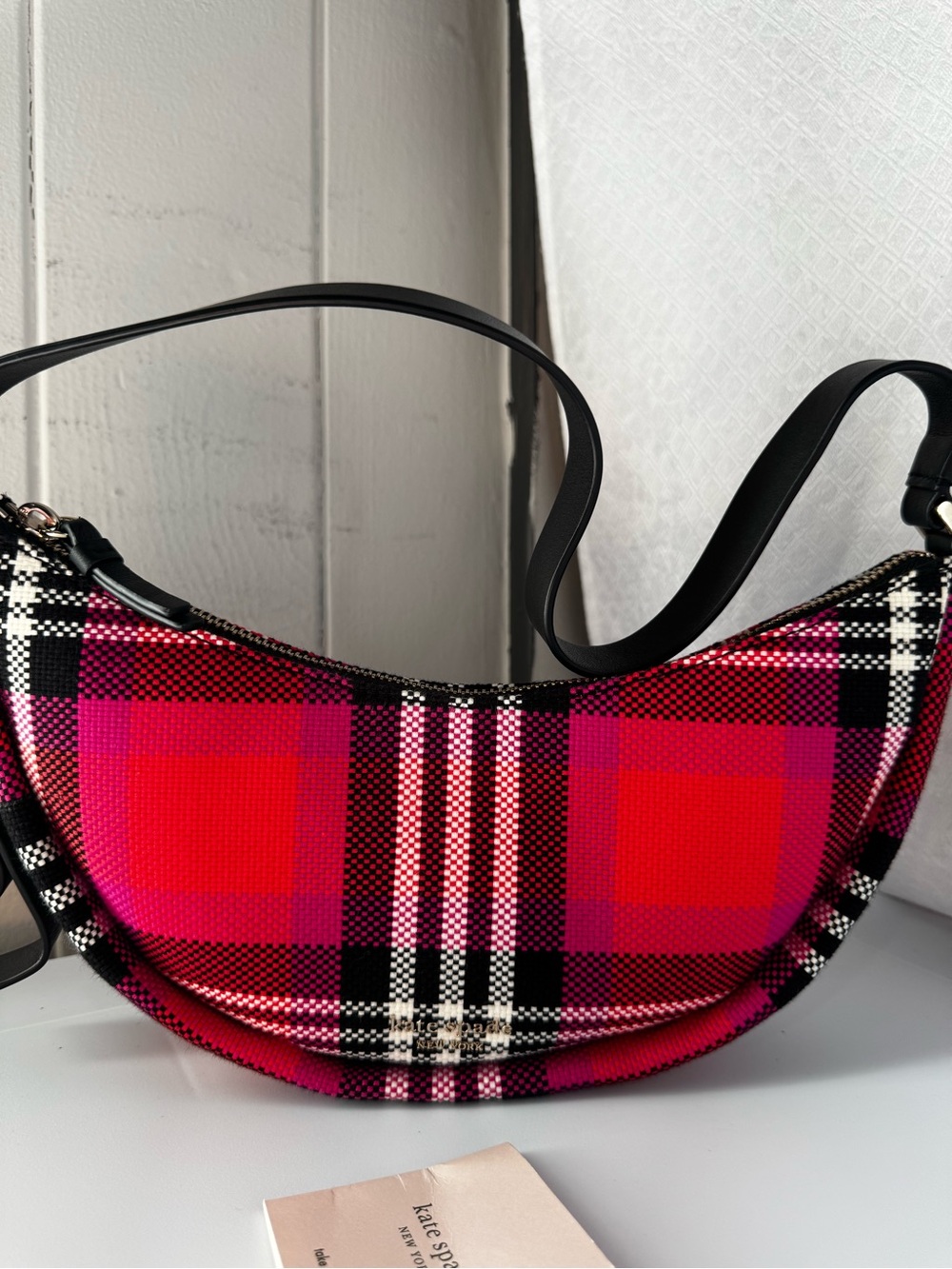 Kate Spade pink and red Plaid Crescent Shoulder Bag - Picture 3 of 9